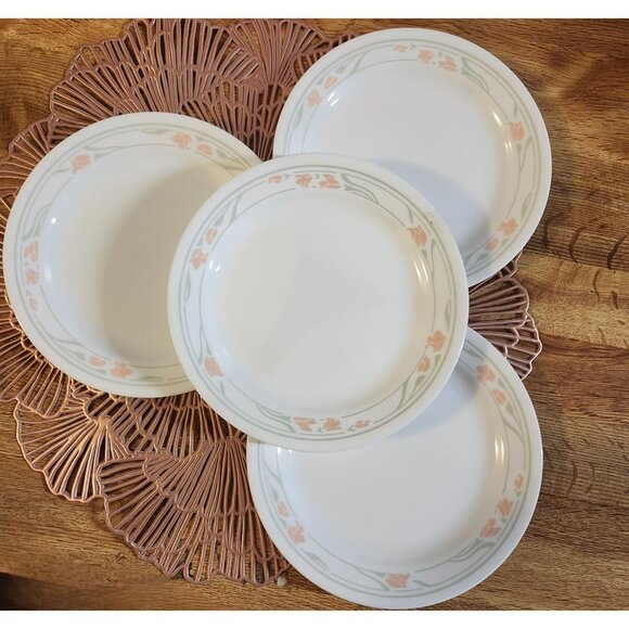 4- Corelle St. Claire 6.75" Plates Vintage Set Bread Dessert Tulips Gray Pink - Picture 1 of 6